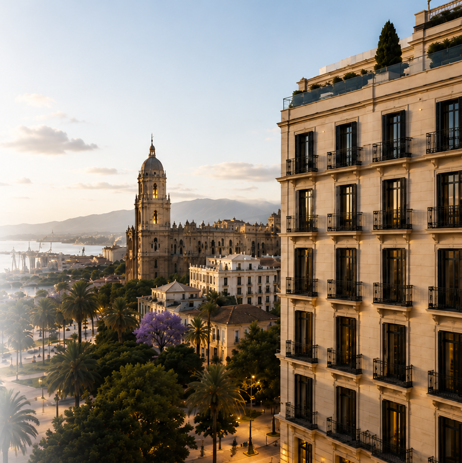 Vista premium de Málaga al atardecer para gestión de activos